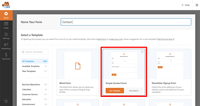 Select contact form template